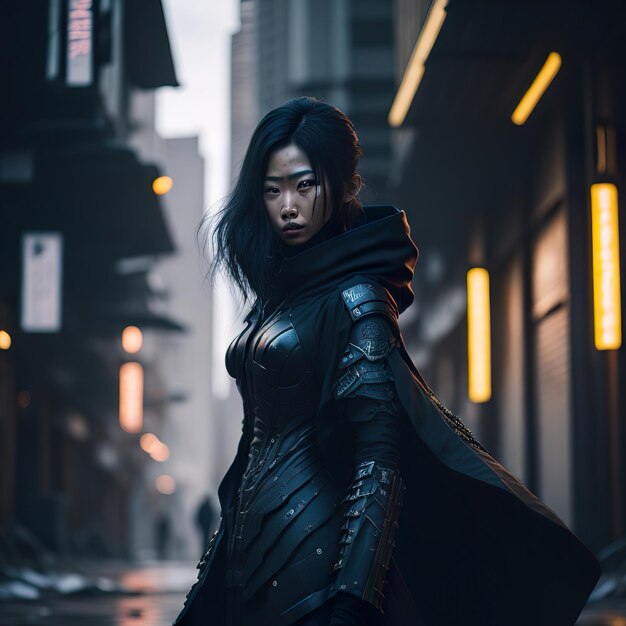 Una mujer vestida de negro se para bajo la lluvia frente a una tienda.