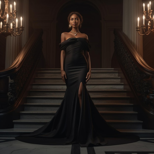 Foto una mujer vestida de negro está parada frente a una escalera.