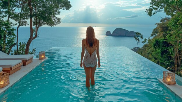 Mujer vestida paseando por una piscina infinita frente al océanoxA
