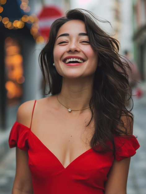 una mujer vestida de rojo caminando por una calle de la ciudad