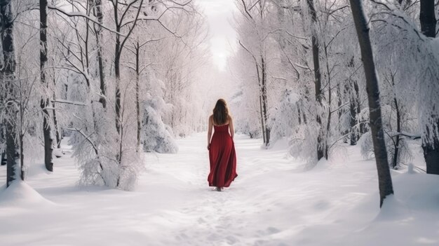 Foto una mujer vestida de rojo caminando por un sendero en un paisaje invernal con árboles justos bajo la nieve. paisaje para los turistas. vacaciones navideñas. camino pisoteado en los ventisqueros.