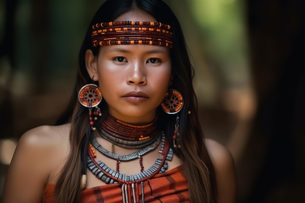 Una mujer vestida de rojo se para frente a una estructura de madera con la palabra tribu.