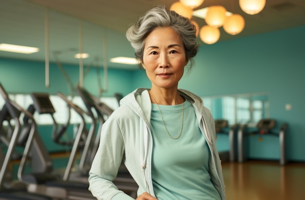 Mujer vestida con ropa deportiva gris hace ejercicios en un moderno gimnasio deportivo rodeado de equipos de fitness imagen de aceptación de edad