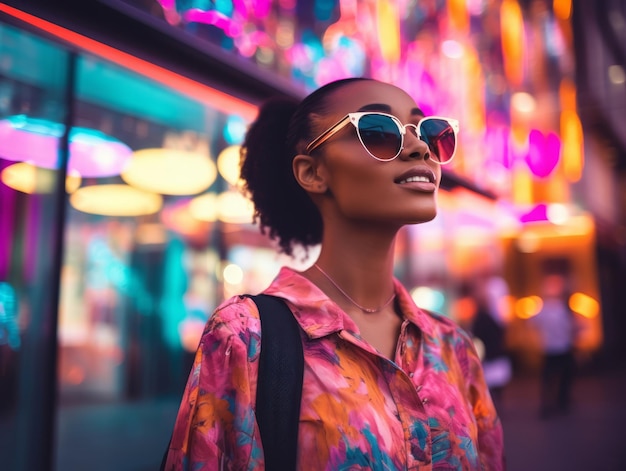 Una mujer vestida con ropa futurista disfruta de un paseo tranquilo por las calles de neón de la ciudad