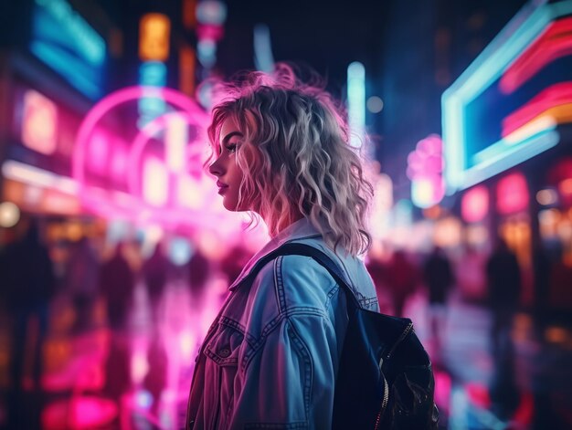 Una mujer vestida con ropa futurista disfruta de un paseo tranquilo por las calles de neón de la ciudad