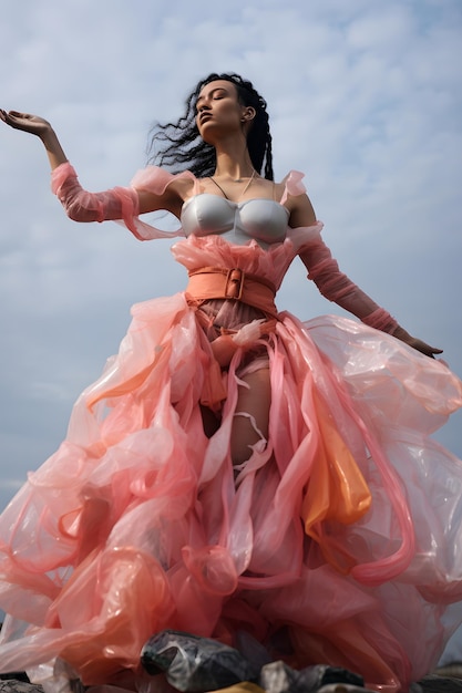 mujer vestida con ropa de plástico de basura concepto de sostenibilidad.