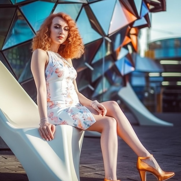 una mujer vestida se sienta en una columna blanca.