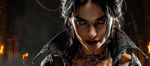Mujer vestida de vampiro sonriendo con sangre en los labios en una antigua mansión Halloween