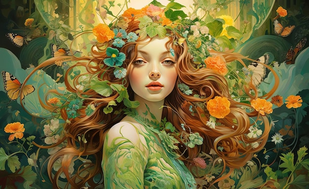 una mujer vestida de verde natural parada en una escena de bosque al estilo de una colorida fantasía real