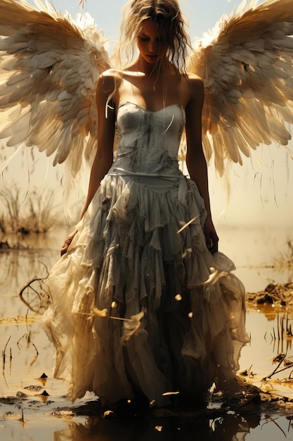 una mujer con un vestido con alas