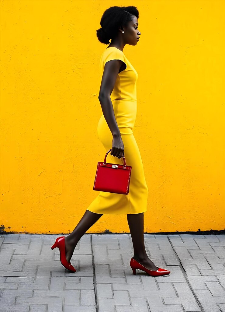 una mujer con un vestido amarillo y una bolsa roja está caminando por una calle
