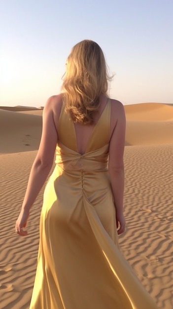 Una mujer con un vestido amarillo camina por el desierto.