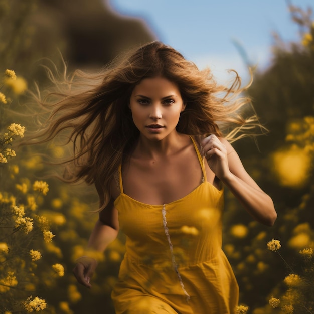 Mujer En Vestido Amarillo Corriendo Por Un Campo De Flores