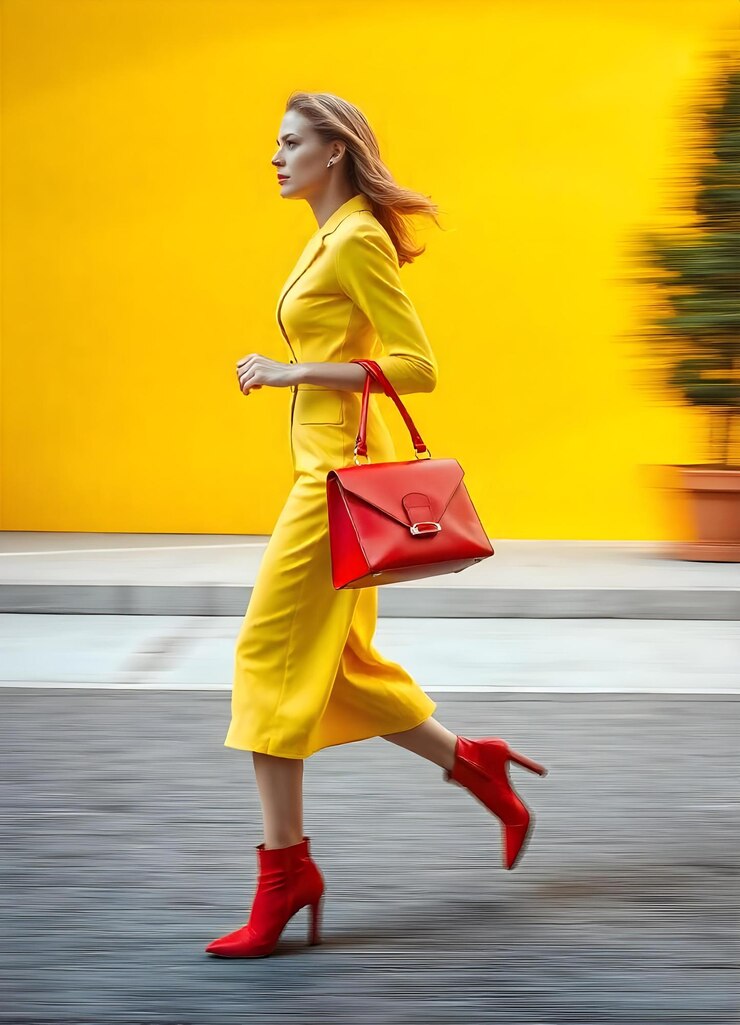 Una mujer con un vestido amarillo está caminando por la calle.