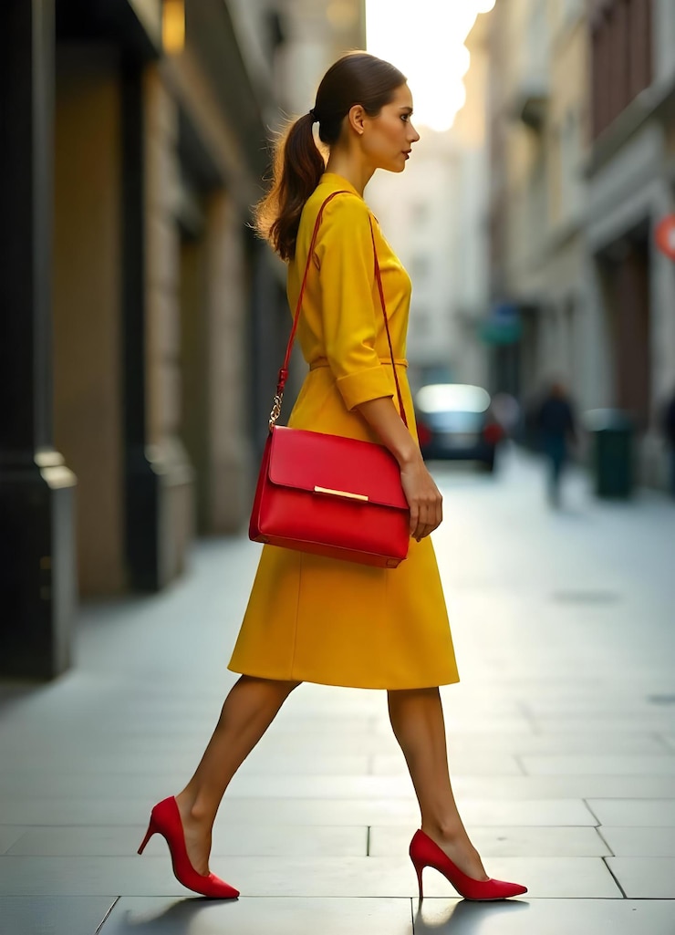 una mujer con un vestido amarillo está caminando por una calle