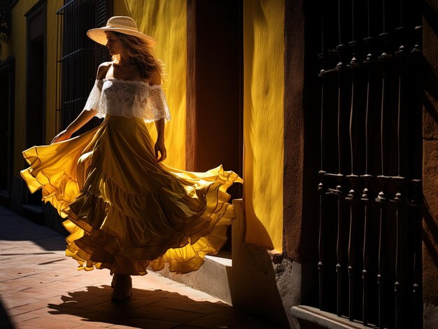 una mujer con un vestido amarillo está caminando frente a una cortina amarilla