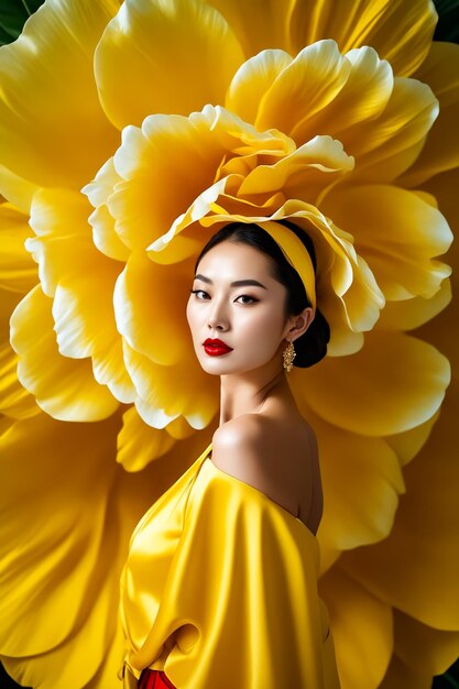 Una mujer con un vestido amarillo está de pie frente a una flor amarilla