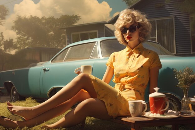 Una mujer con un vestido amarillo está sentada elegantemente frente a un auto estacionado Una joven disfrutando de su café matutino afuera de un retro AI generado