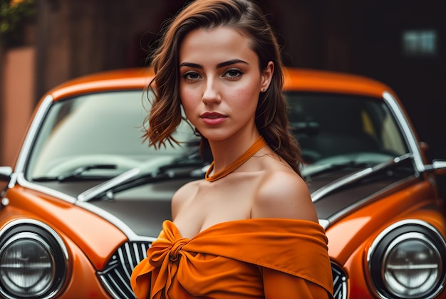 Mujer con un vestido amarillo frente a un auto amarillo IA generativa