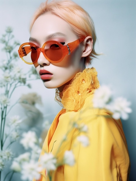 una mujer con un vestido amarillo con gafas de sol rojas y una blusa amarilla