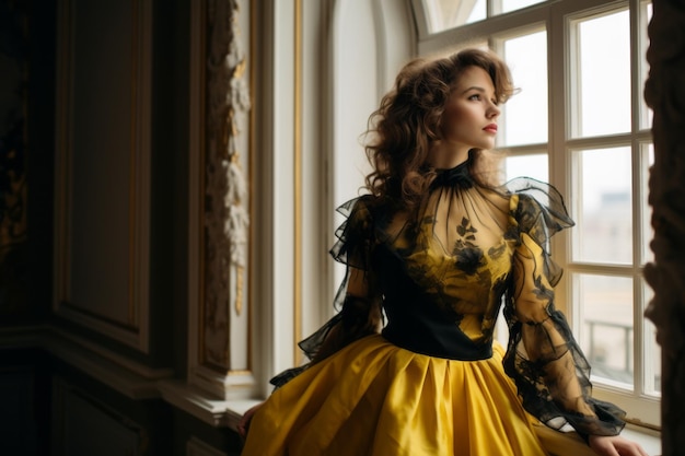 una mujer con un vestido amarillo mirando por la ventana