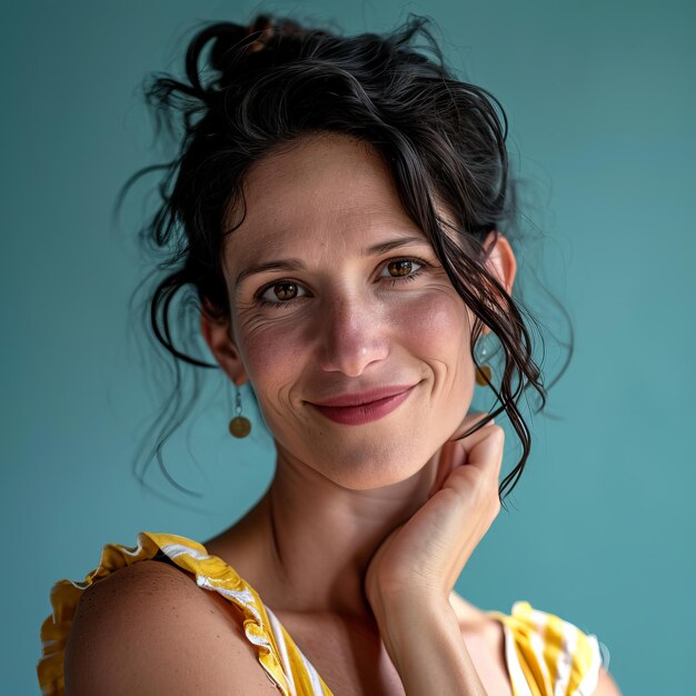 Foto una mujer con un vestido amarillo posando para una foto