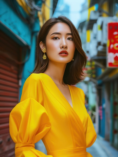 una mujer con un vestido amarillo posando para una foto