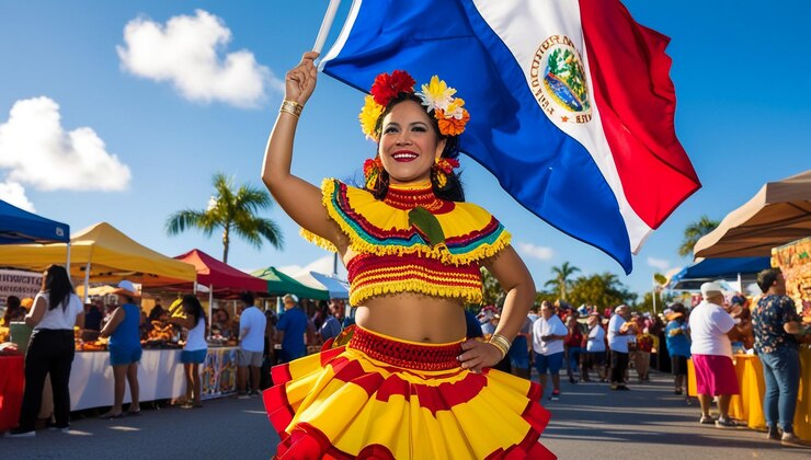 Foto una mujer con un vestido amarillo y rojo sostiene una bandera