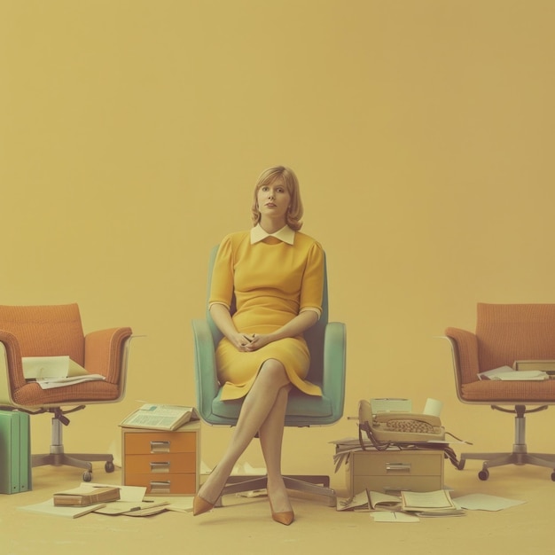Mujer con vestido amarillo sentada en una silla