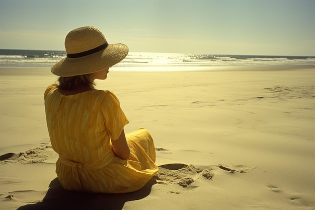 mujer, en, vestido amarillo, sentado on the beach