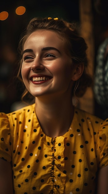 Una mujer con un vestido amarillo sonríe a la cámara.