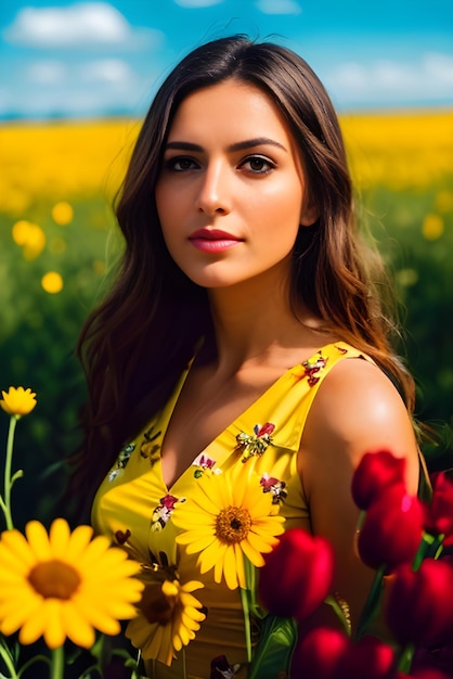 Una mujer con un vestido amarillo de verano está en el jardín de flores