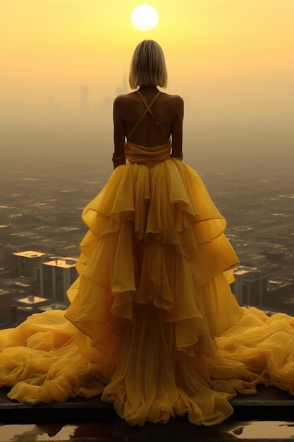 Una mujer con un vestido amarillo.