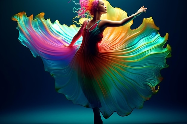 Una mujer con un vestido de arco iris con una cola de arco iris.