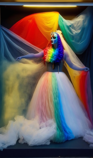 Una mujer con un vestido de arco iris se para frente a un arco iris.