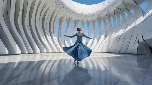 Una mujer con un vestido azul baila frente a una pared blanca con una gran escultura.