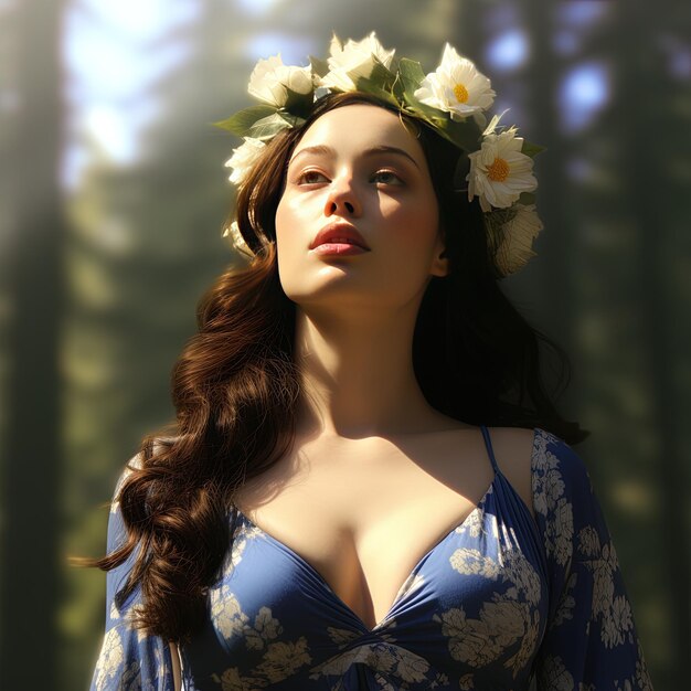 Foto una mujer en un vestido azul y blanco con flores en la cabeza