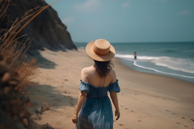 Una mujer con un vestido azul camina por una playa con una playa al fondo.