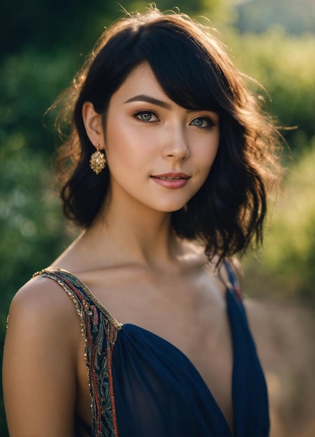 una mujer con un vestido azul y un collar de oro