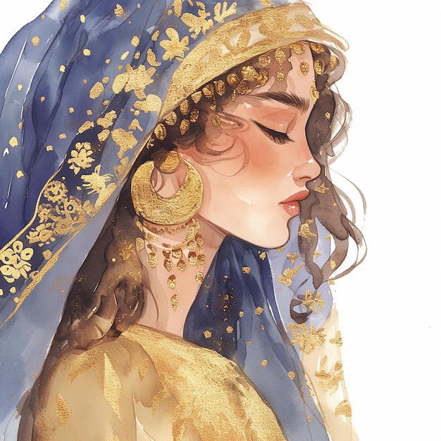 Una mujer con un vestido azul y dorado con pendientes de oro tiene un collar de oro alrededor de su cuello