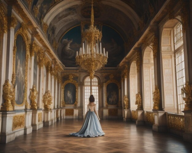una mujer con un vestido azul se encuentra en una habitación vacía con un candelabro colgando del techo.