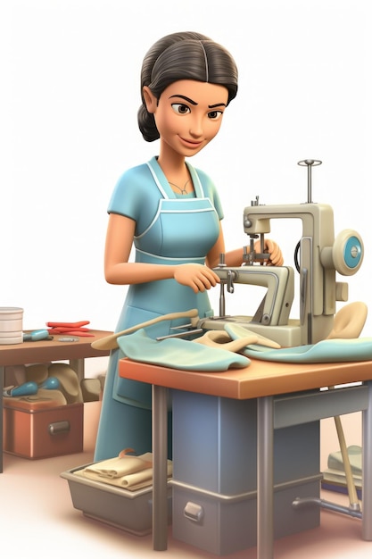 Una mujer con un vestido azul está cosiendo una tela azul con una máquina de coser