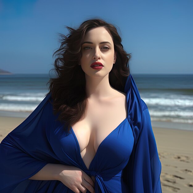 una mujer con un vestido azul está en la playa