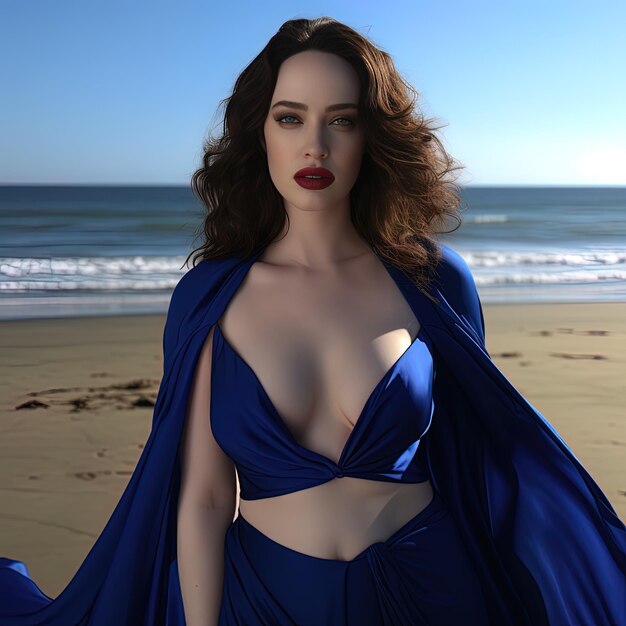 una mujer con un vestido azul está en la playa