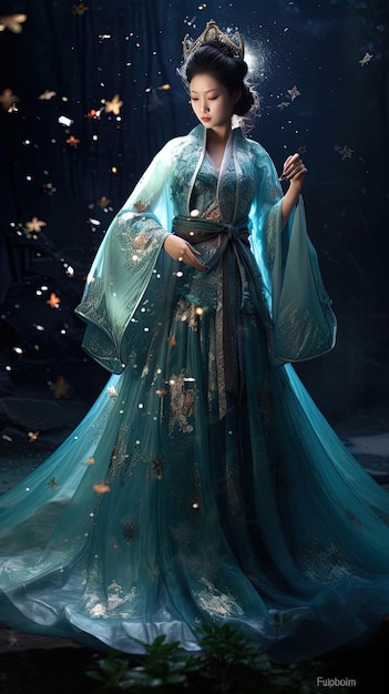 una mujer con un vestido azul y flores de oro en el pecho se encuentra en una habitación oscura