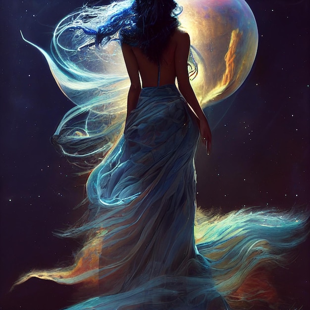 Una mujer con un vestido azul se para frente a la luna llena.
