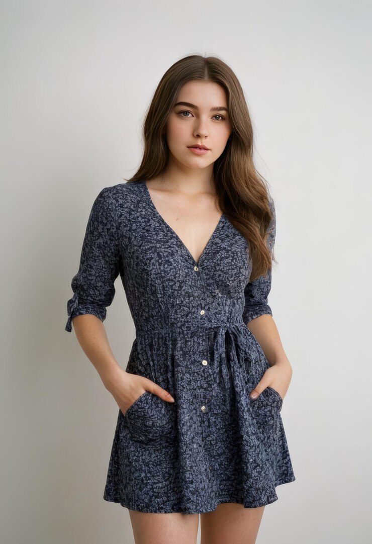 una mujer con un vestido azul con un lazo azul en el cuello