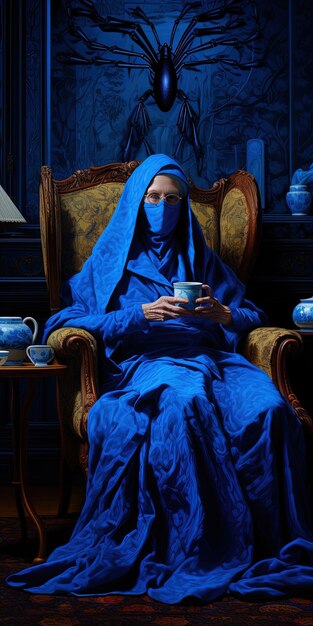 Foto una mujer con un vestido azul leyendo un libro con una taza de té en la mano