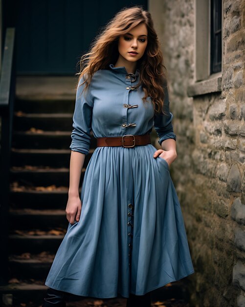 Mujer con un vestido azul Midi