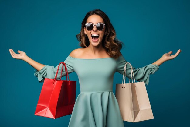 una mujer en un vestido azul con un montón de bolsas de compras